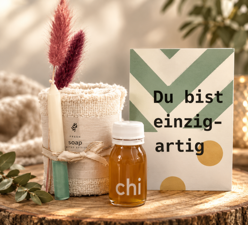 RINGANA-Seife im Bio-Baumwoll-Handtuch mit Kerze und Karte „Du bist einzigartig” als kleines Geschenk für den Adventskalender
